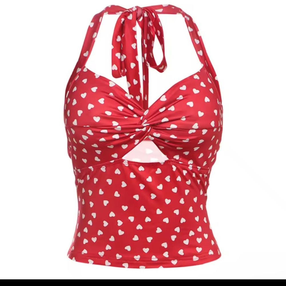 Red Heart Print Halter Top